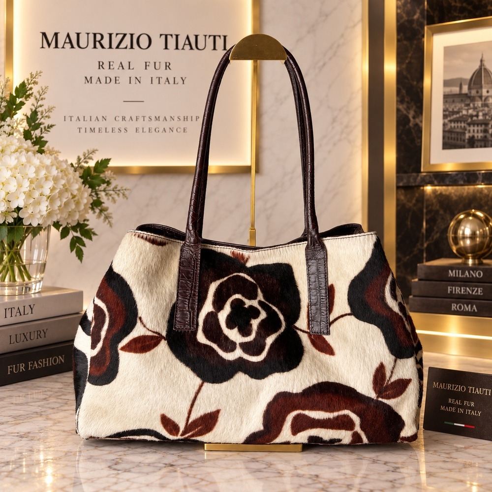Maurizio Taiuti Brown Floral Pony Hair Croc Embossed Leather Tote Bag Italy